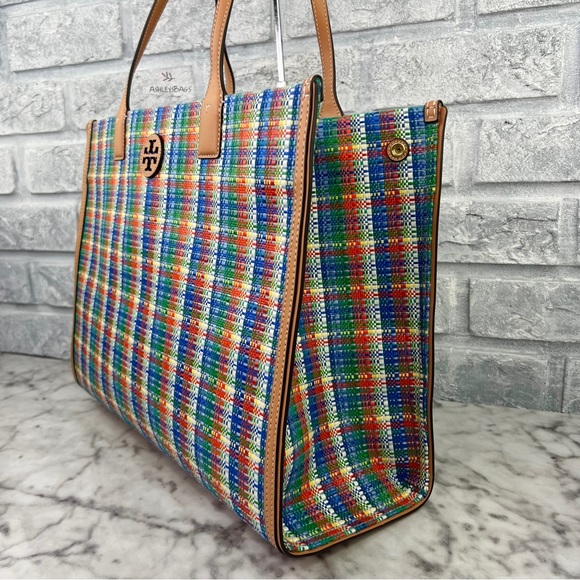 Tory Burch Ella Poly Woven Nylon Large Tote In Tory Navy Multi - Picture 3 of 11